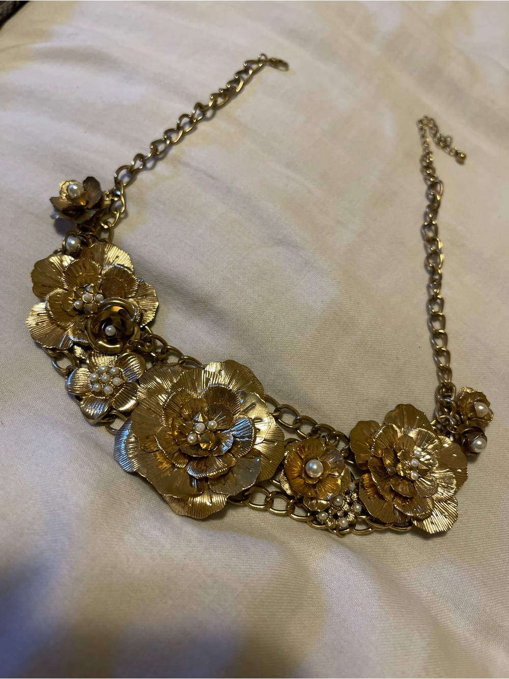 Gold Floral Statement Necklace with Pearl Accents